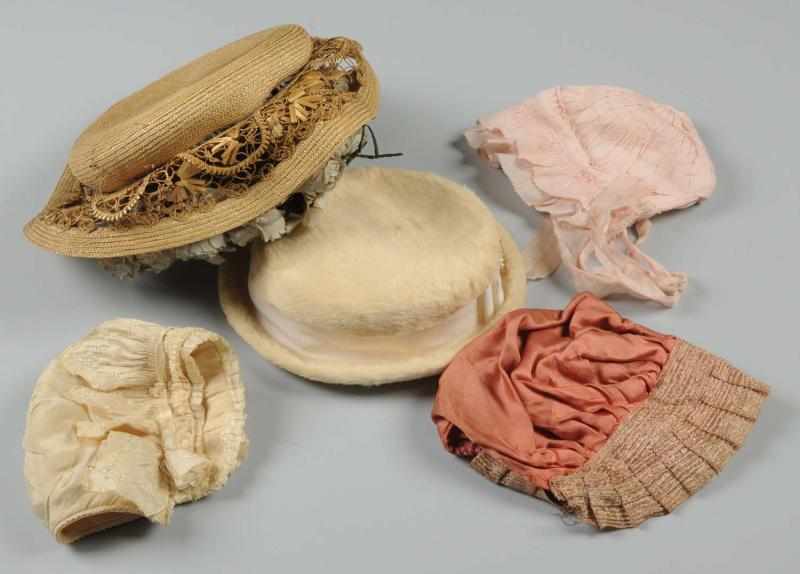 Appraisal: Lot of Antique Doll Hats Magnificent fancy straw work hat