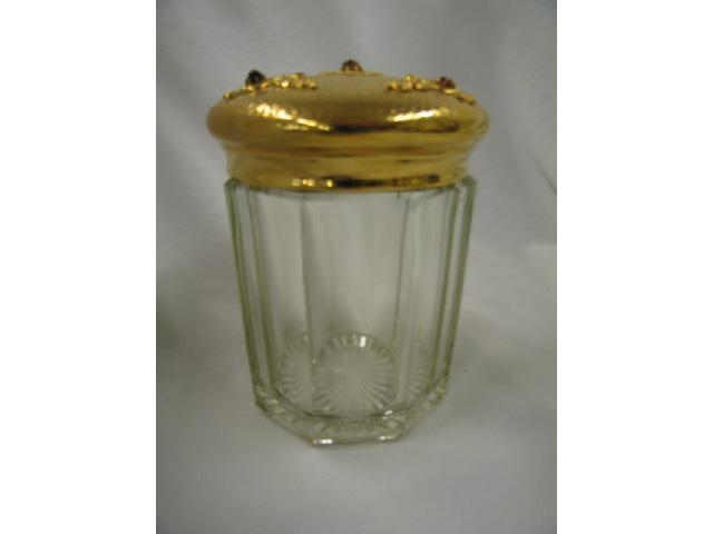 Appraisal: Victorian Glass Tobacco Jar jeweled brass cover excellent