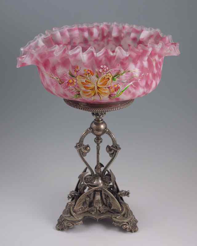 Appraisal: VICTORIAN ART GLASS BOWL ON STAND Enamel decorated cranberry spatter