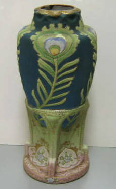 Appraisal: NIPPON CORALENE VASE Of unusual form decorated with peacock feathers