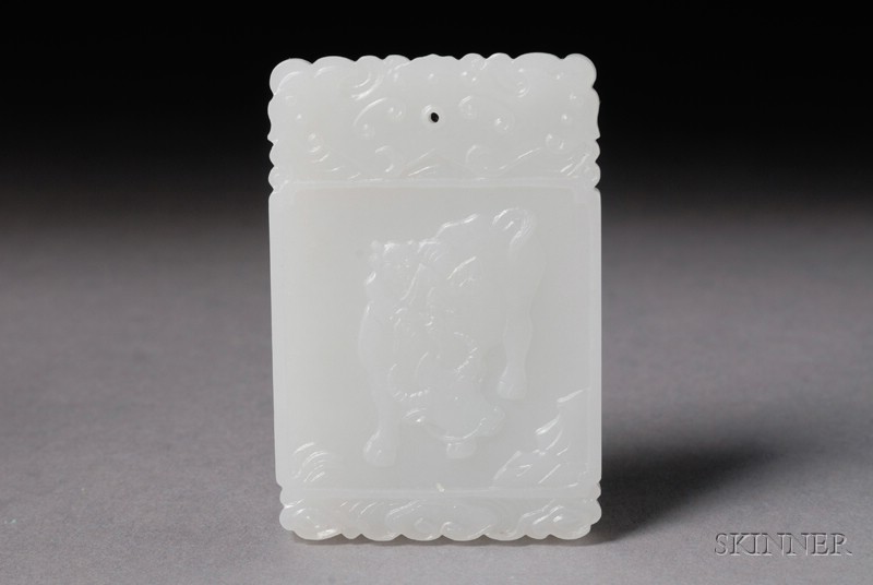 Appraisal: Jade Pendant China th century pure white stone rectangular form