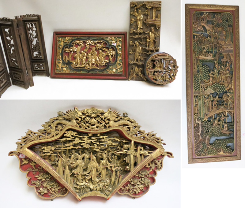 Appraisal: SIX CHINESE WOOD CARVINGS consisting of one wood carved table