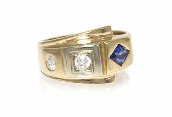 Appraisal: A Retro Karat Yellow Gold Diamond and Synthetic Sapphire Ring