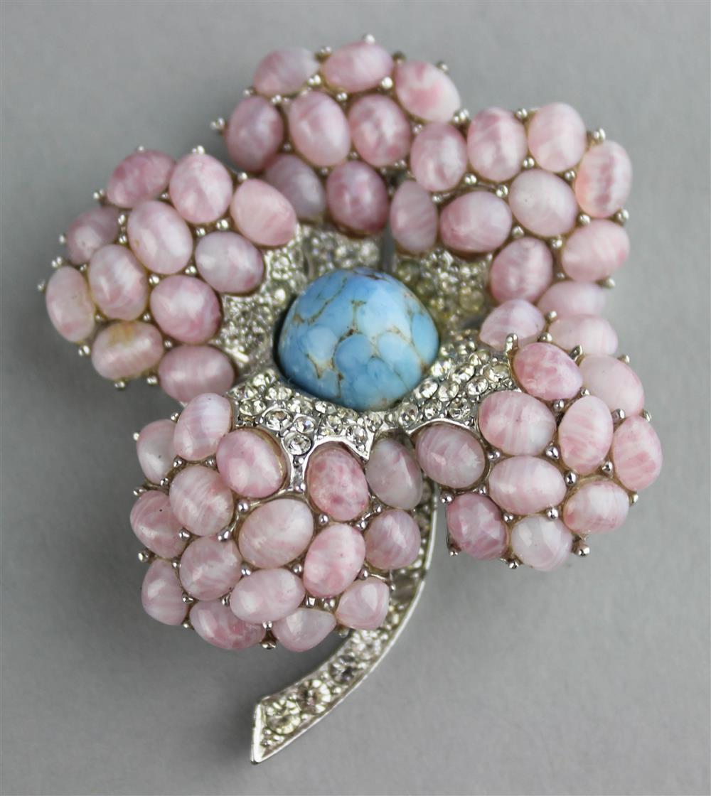 Appraisal: BOUCHER FLOWER PIN WITH PINK COLORED STONES COLORLESS RHINESTONES AND