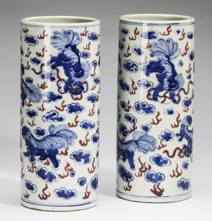 Appraisal: Chinese cylinder vases with Fu lions h Pair of Chinese