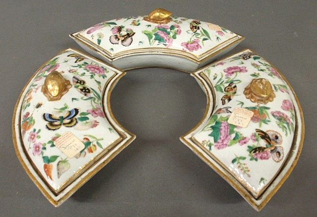 Appraisal: - Three Chinese porcelain crescent shaped covered dishes h x