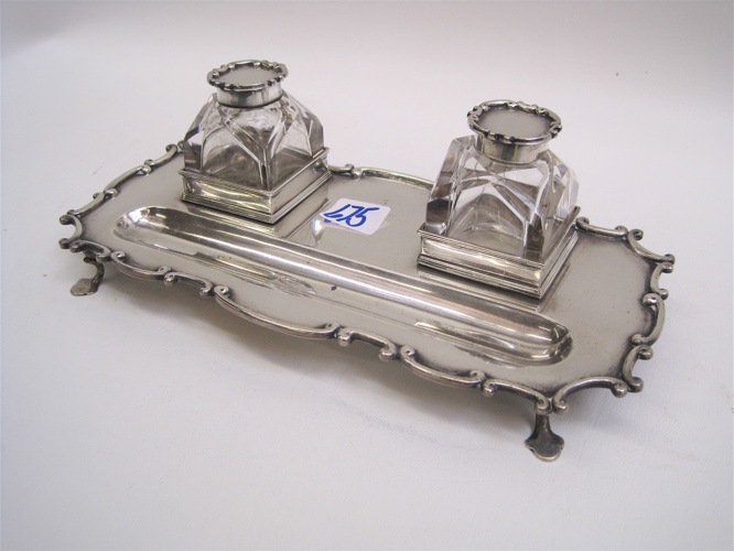 Appraisal: CHESTER ENGLAND STERLING SILVER INKSTAND with double crystal inkwells hallmarked