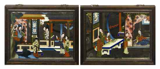 Appraisal: A Pair of Chinese Reverse Paintings on Glass depicting interior