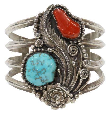 Appraisal: Southwest sterling silver cuff bracelet with bezel-set turquoise red coral