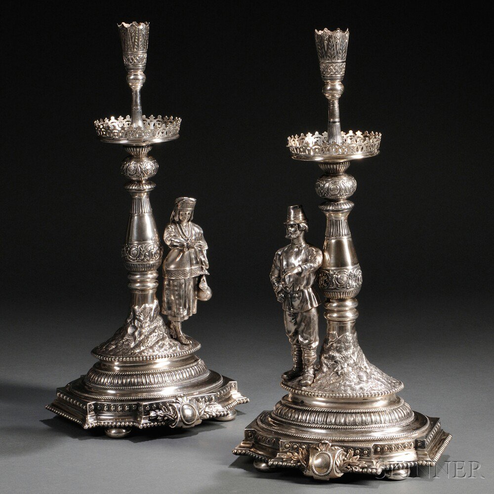 Appraisal: Pair of Russian Figural Silver Candlesticks Moscow c Ovchinnikov maker