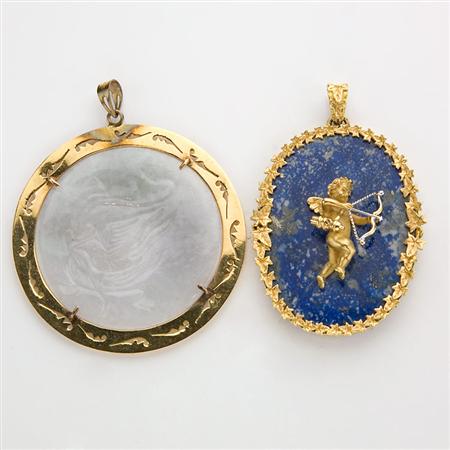 Appraisal: Two Large Gold and Hardstone Disc Pendant-Brooches and Portrait Miniature