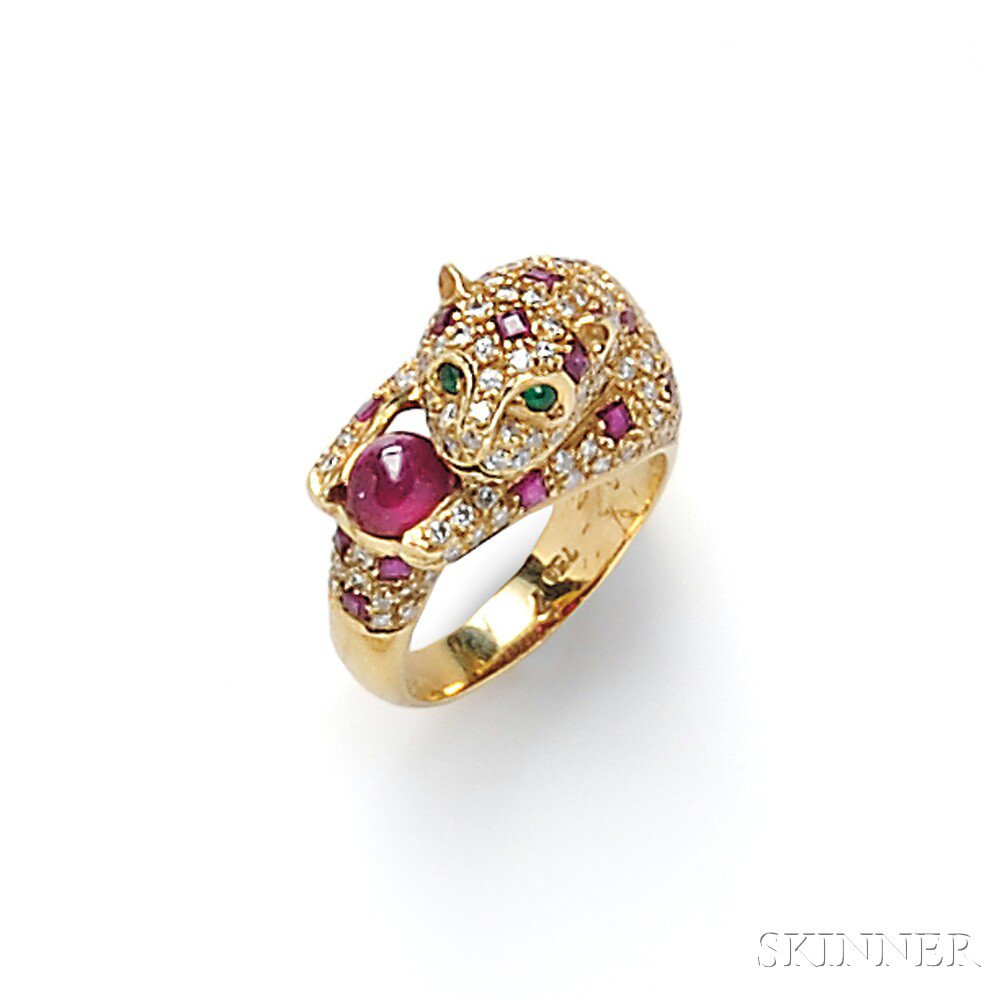 Appraisal: kt Gold Gem-set Leopard Ring the pave-set diamond body with