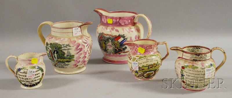 Appraisal: Five Sunderland Pink Lustre and Transfer-decorated Ceramic Jugs a G