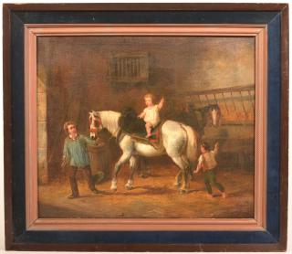 Appraisal: Oil Painting Depicting an Interior Stable Scene Early th Century