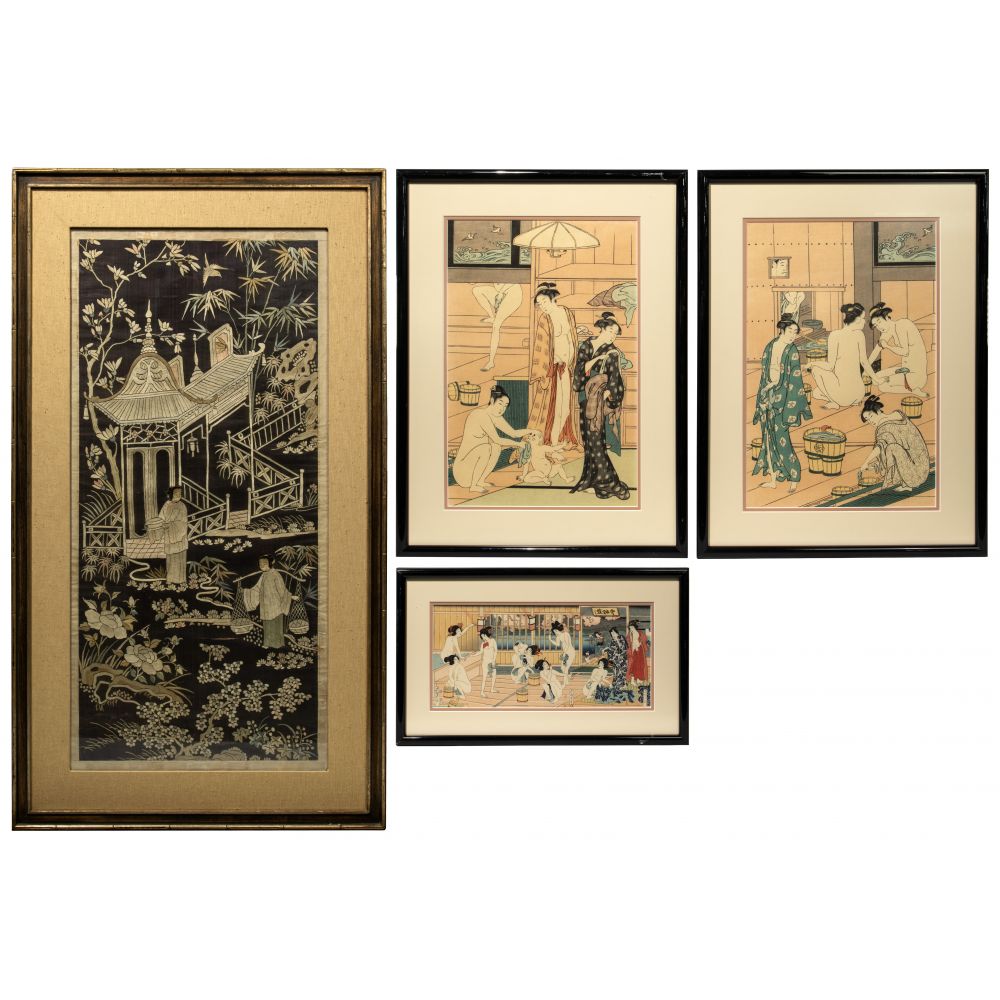 Appraisal: ASIAN PRINT AND TEXTILE ASSORTMENT items including Japanese ukiyo-e style