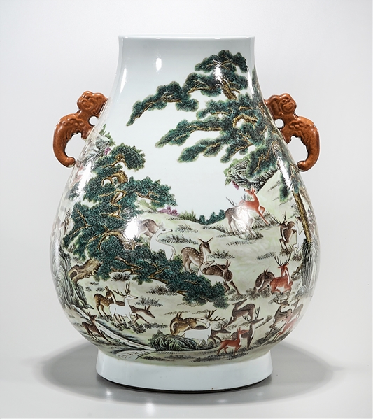 Appraisal: Chinese enameled porcelain zun vase with handles depicting Hundred Deer