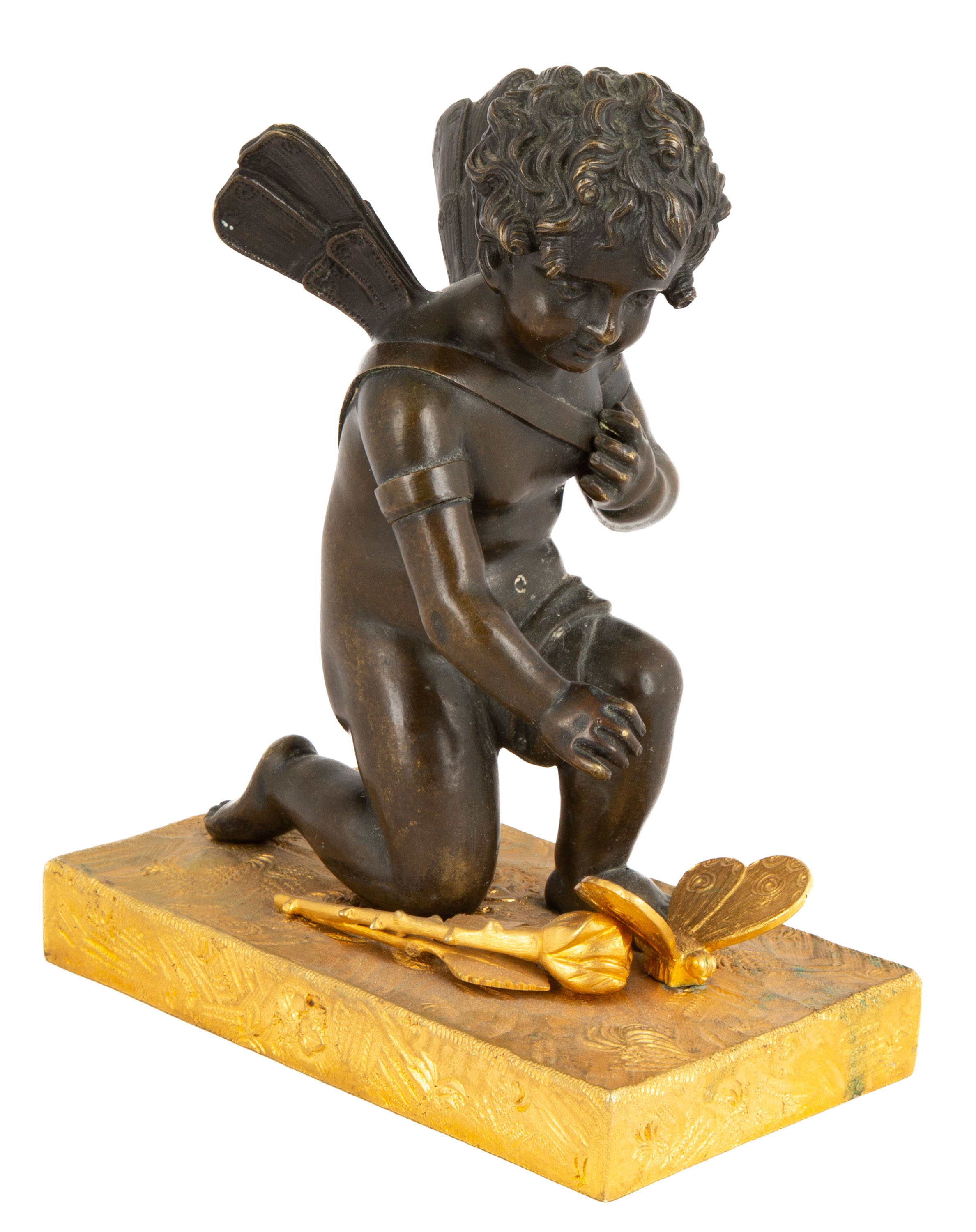 Appraisal: BRONZE CHERUB WITH BUTTERFLY circa Patinaed bronze and gilt bronze