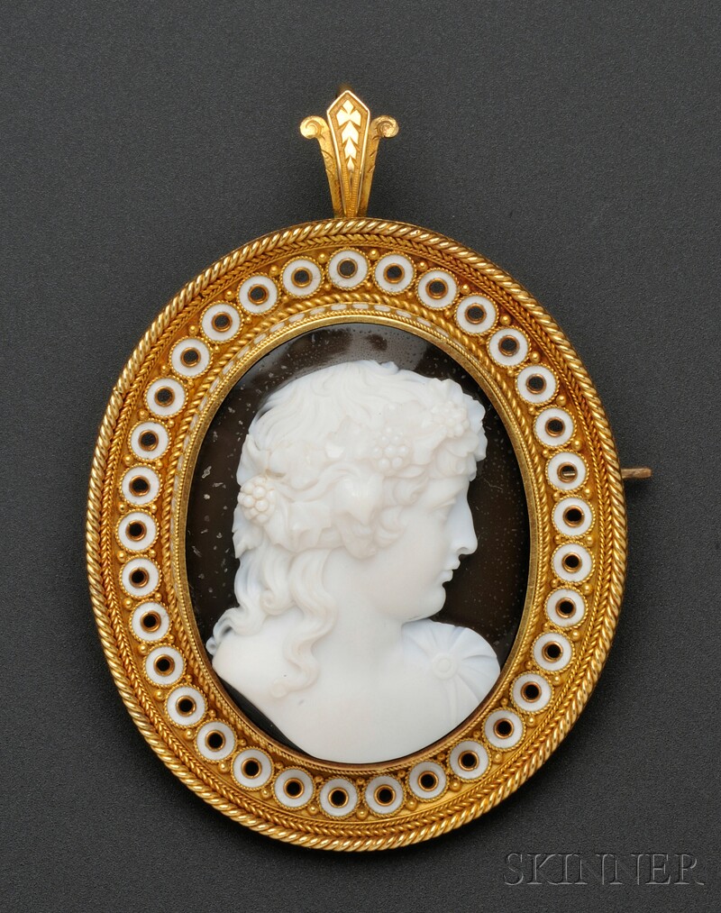 Appraisal: Antique kt Gold Hardstone Cameo and Enamel Pendant Brooch depicting