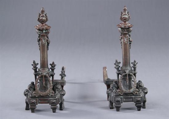 Appraisal: PAIR NEOCLASSICAL STYLE ANDIRONS th century patinated bronze Each with