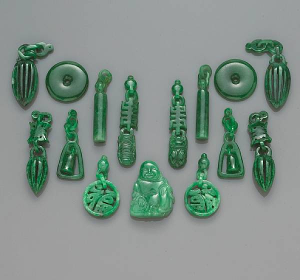 Appraisal: A collection of jadeite jade objects comprising fifteen jadeite jade