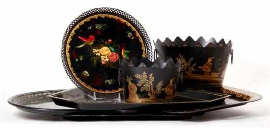 Appraisal: Collection of toleware trays and cachepots round tray Dia ''