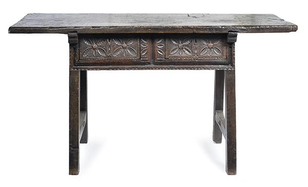 Appraisal: AN TH CENTURY SPANISH OAK SIDE TABLE rectangular with two