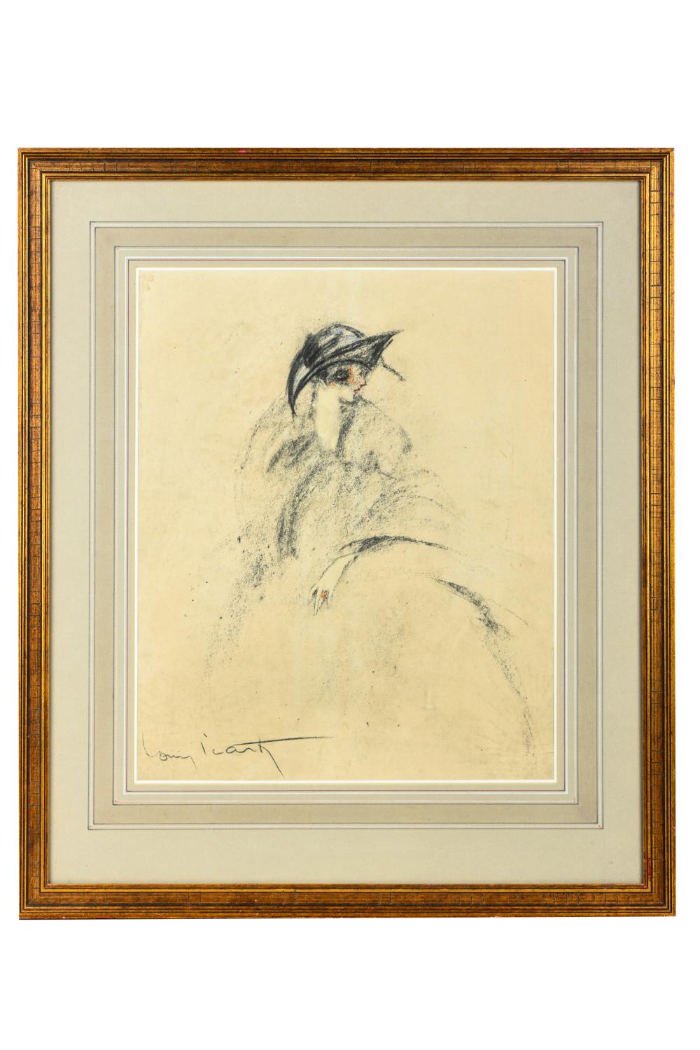 Appraisal: ATTRIBUTED TO LOUIS ICART WOMAN IN PROFILE charcoal drawing on