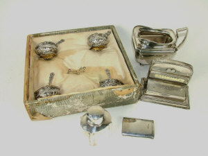 Appraisal: Four French white metal salts with spoons and glass liners