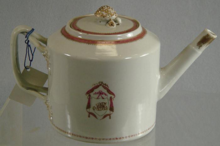 Appraisal: Chinese export porcelain cylindrical teapot open strap handles gilt plum