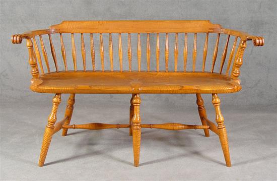 Appraisal: Excellent Custom Curly Maple Settee th Century Scooped saddle seats