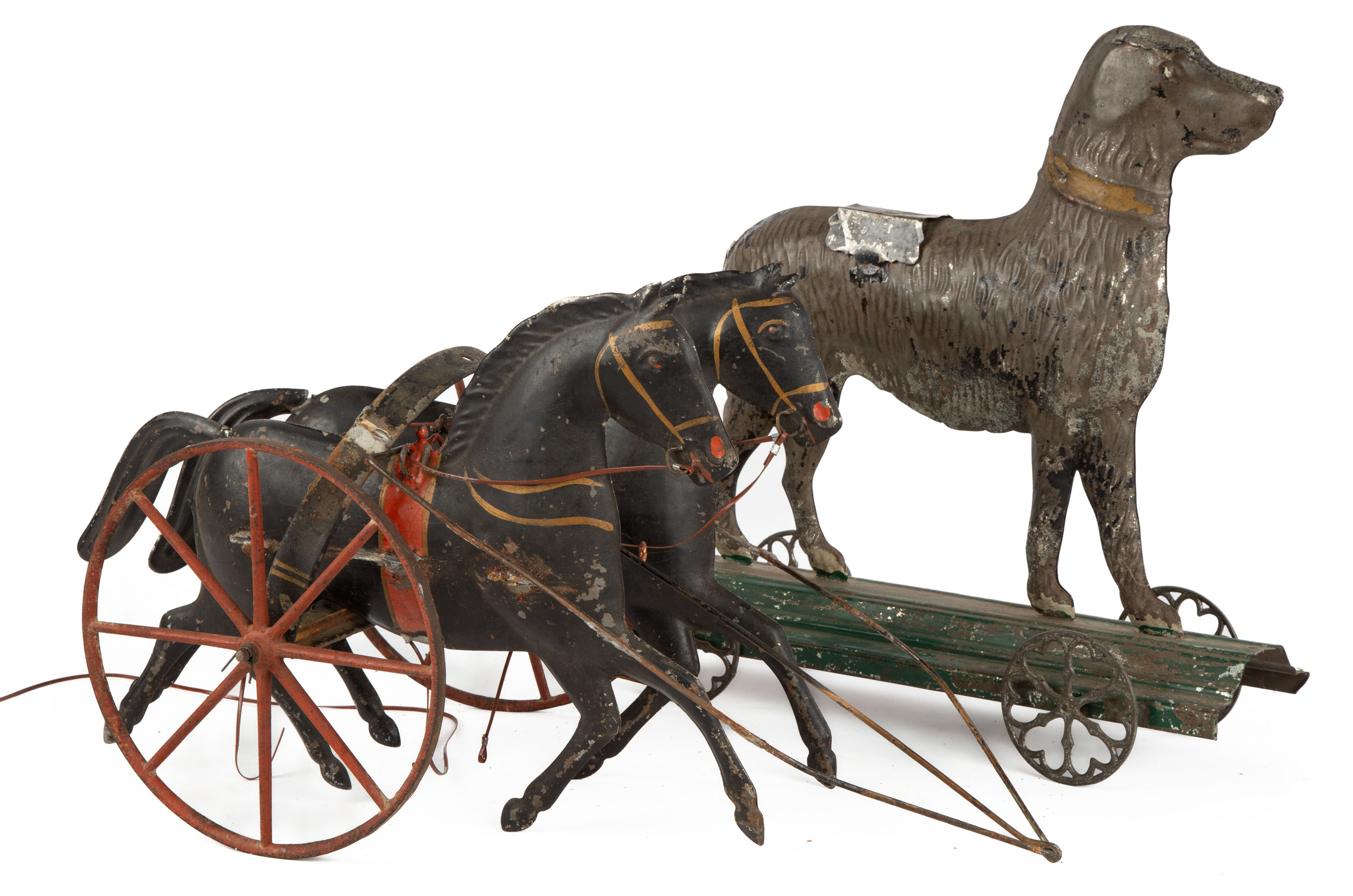 Appraisal: EARLY PAINTED TIN HORSE CARRIAGE PULL TOY th century