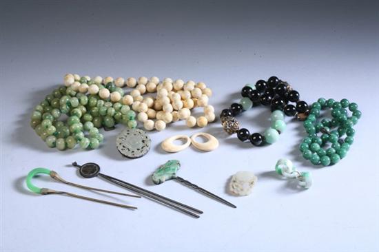 Appraisal: THREE CHINESE JADE BEAD NECKLACES Together with three hair pins