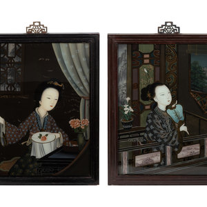 Appraisal: A Pair of Chinese Reverse Painted Glass Pictures Each x