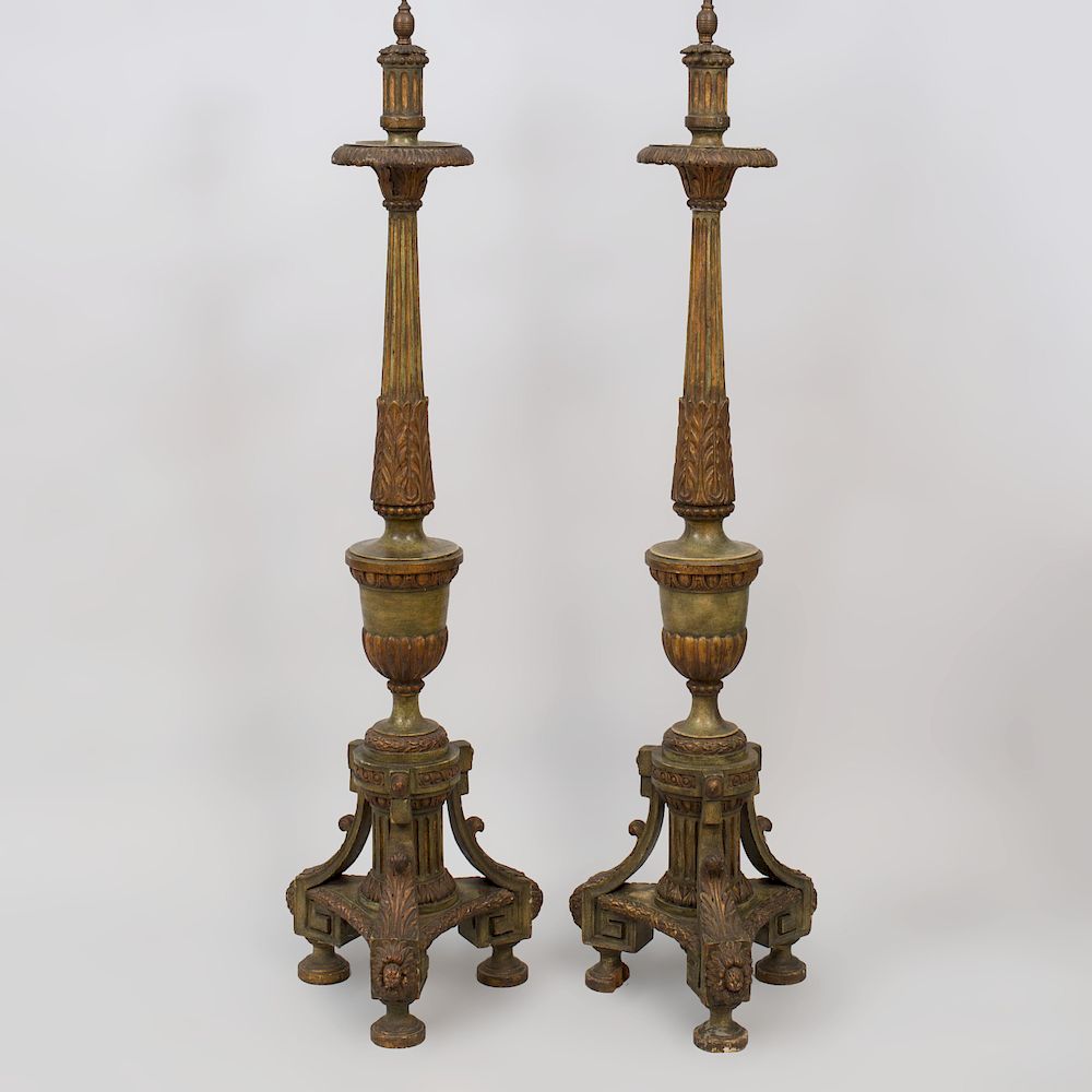 Appraisal: Pair of Large Neoclassical Style Carved Wood Floor Lamps x