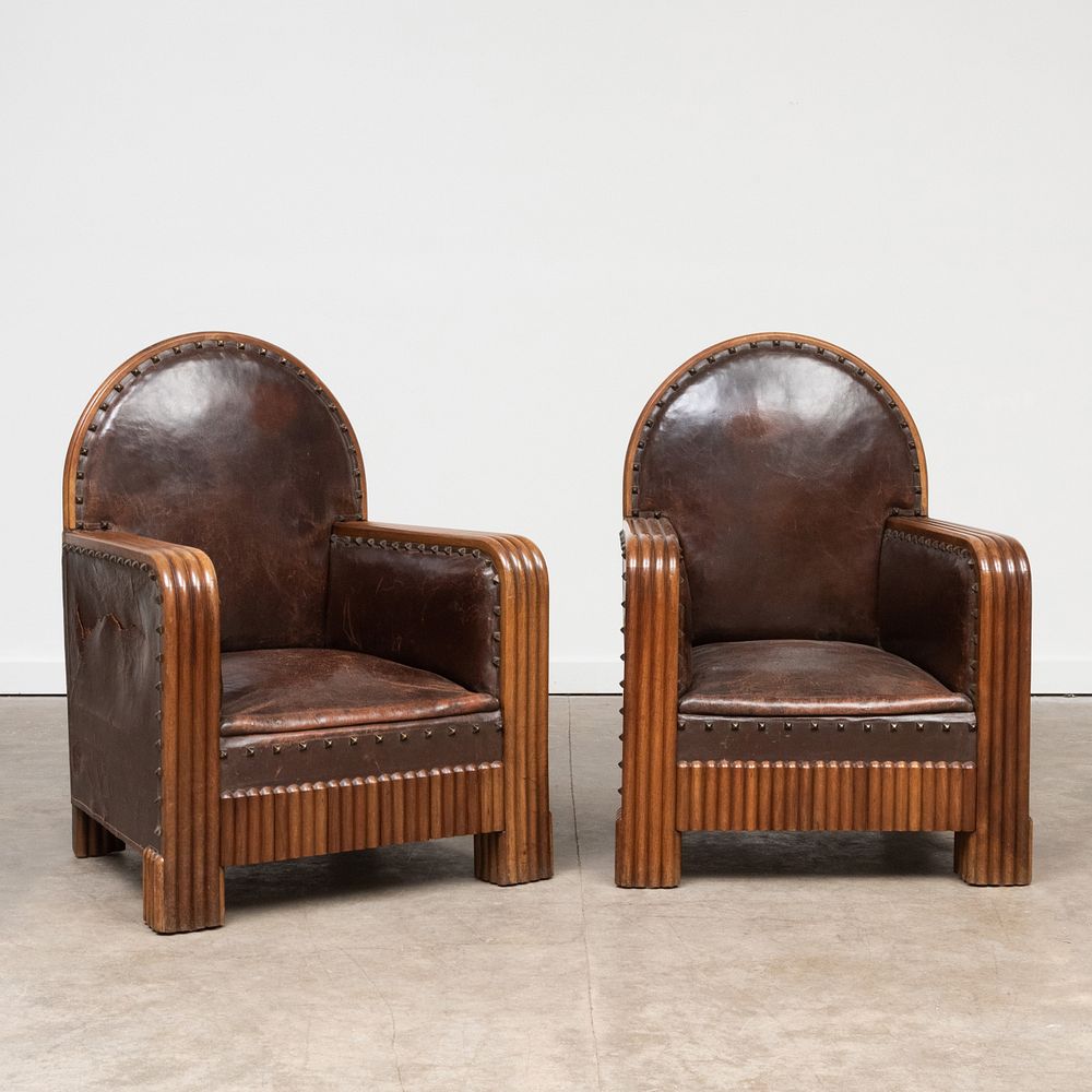 Appraisal: Pair of Art Deco Style Oak and Leather Club Chairs