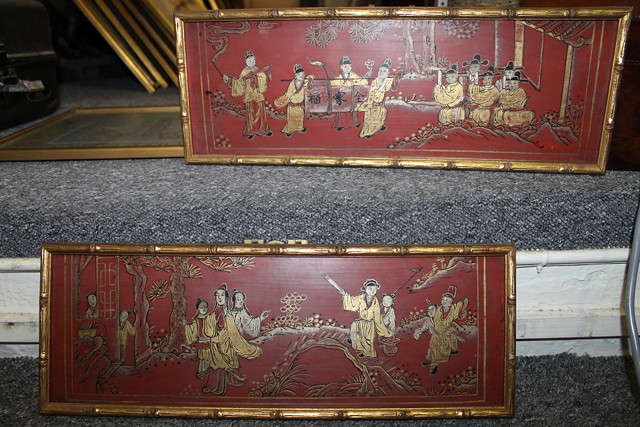 Appraisal: A PAIR OF CHINESE RED LACQUER SQUARE PANELS decorated in