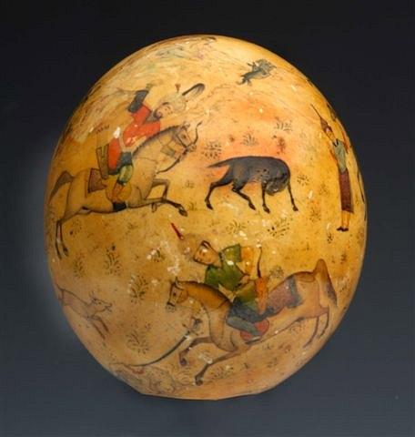 Appraisal: A PERSIAN LACQUERED OSTRICH EGG decorated with all over hunting