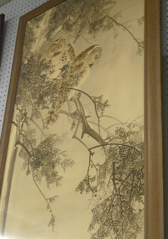 Appraisal: Chinese School - pair of owls on a blossoming branch