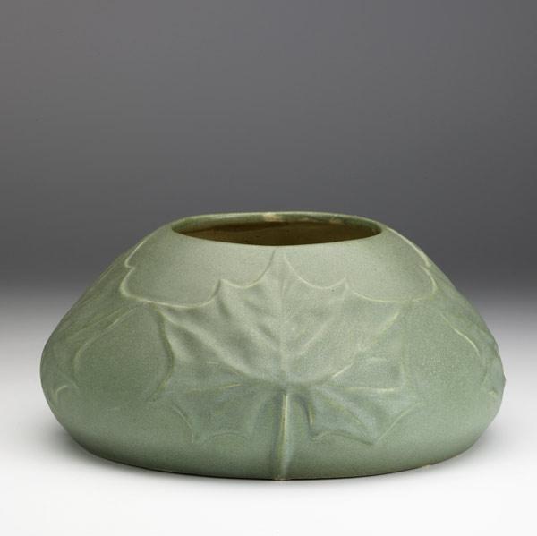 Appraisal: VAN BRIGGLELarge matte green vessel with maple leaves AA VAN