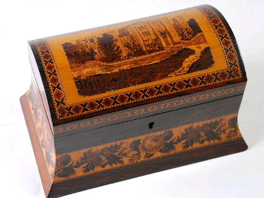 Appraisal: GOOD NINETEENTH PICTORIAL TUNBRIDGE INLAID DOME TOPPED ROSEWOOD TEA CADDY