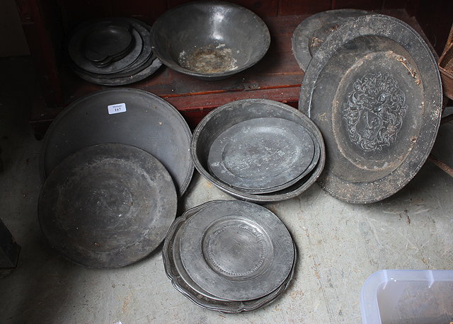 Appraisal: A COLLECTION OF ANTIQUE PEWTER CHARGERS AND PLATES together with