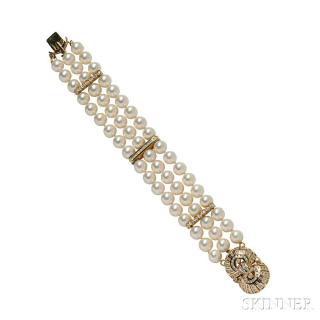 Appraisal: kt Gold Diamond and Cultured Pearl Bracelet composed of three