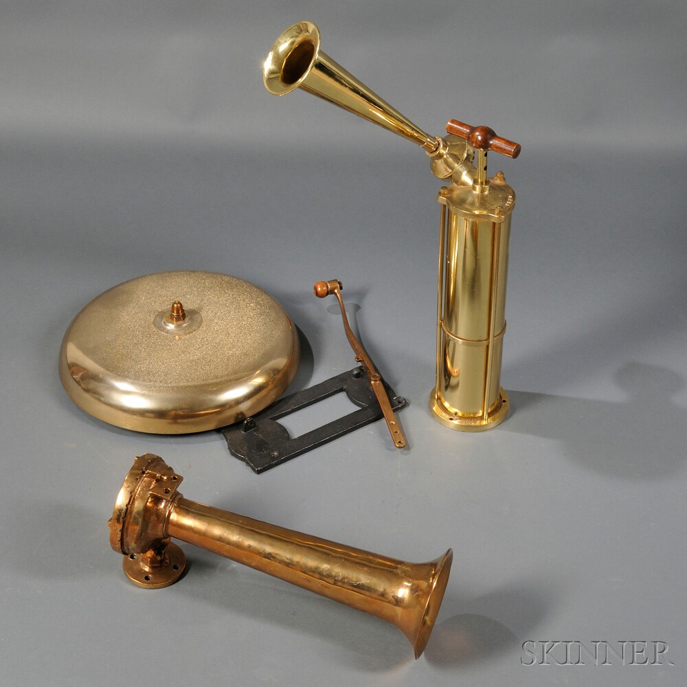 Appraisal: Two Brass Foghorns and a Large Brass Engine Room Bell