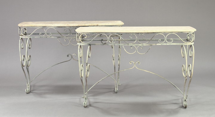 Appraisal: Pair of Neoclassical-Style Polychromed and Wrought-Iron Marble-Top Console Tables with