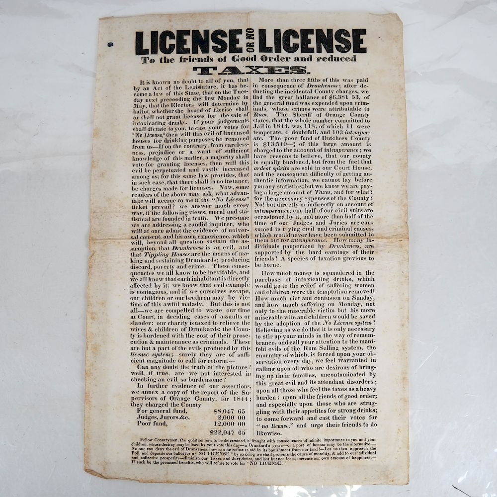 Appraisal: NY Prohibition Poster Handbill License or No License To the