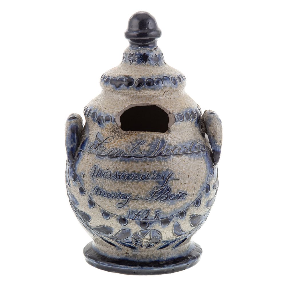 Appraisal: American Salt Glazed Cobalt Stoneware Money Bank Dated globular form