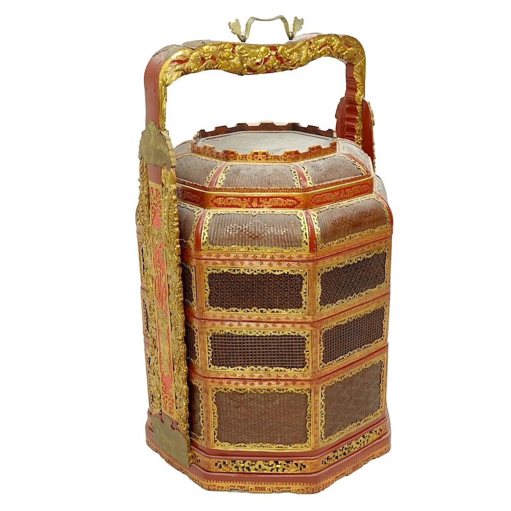 Appraisal: Chinese Wedding Basket Large Chinese Red and Gilt Lacquered Stacked