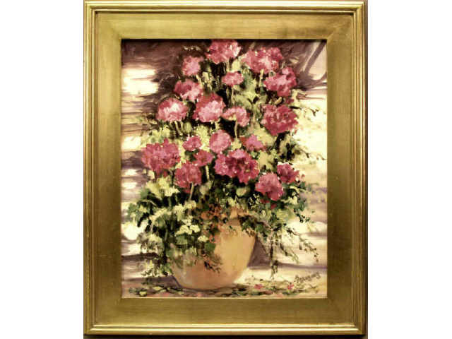 Appraisal: Oil on canvas painting of potted geraniums signed G Steging