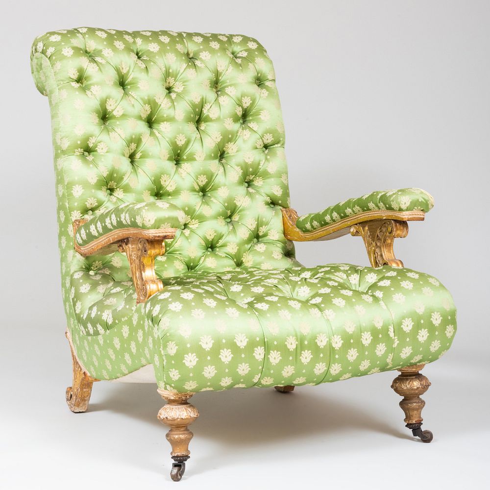 Appraisal: Large Victorian Giltwood and Tufted Silk Upholstered Armchair The front