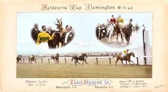 Appraisal: PHOTOGRAPH OF MELBOURNE CUP FINISH WON BY EVEN STEVENS hand